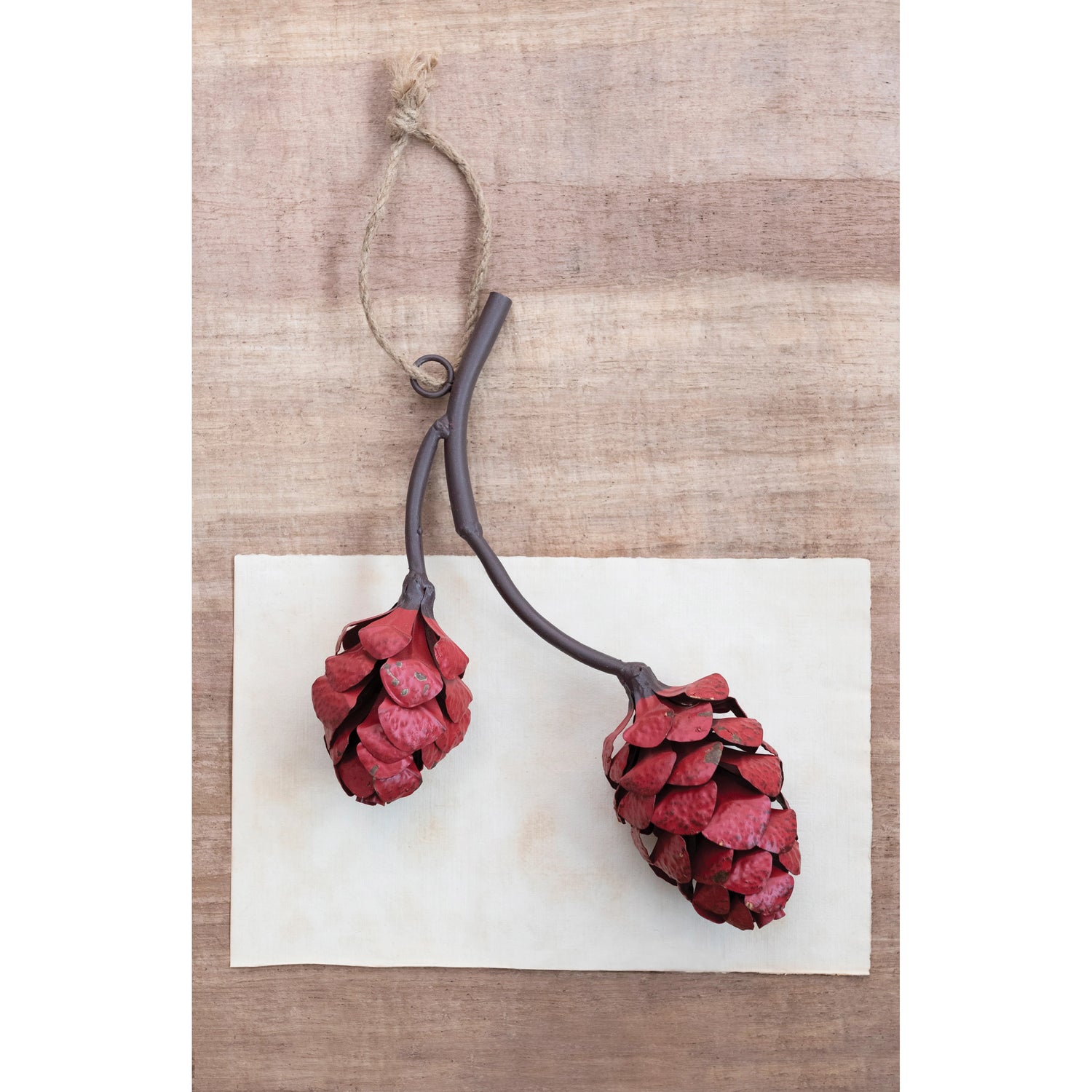 Metal Pinecones on Branch Wall Hanging, Brown and Red