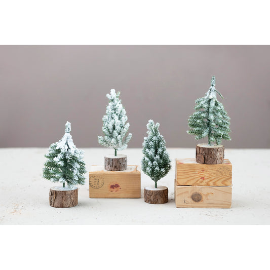 Faux Pine Tree with Wood Slice Base, Snow Finish