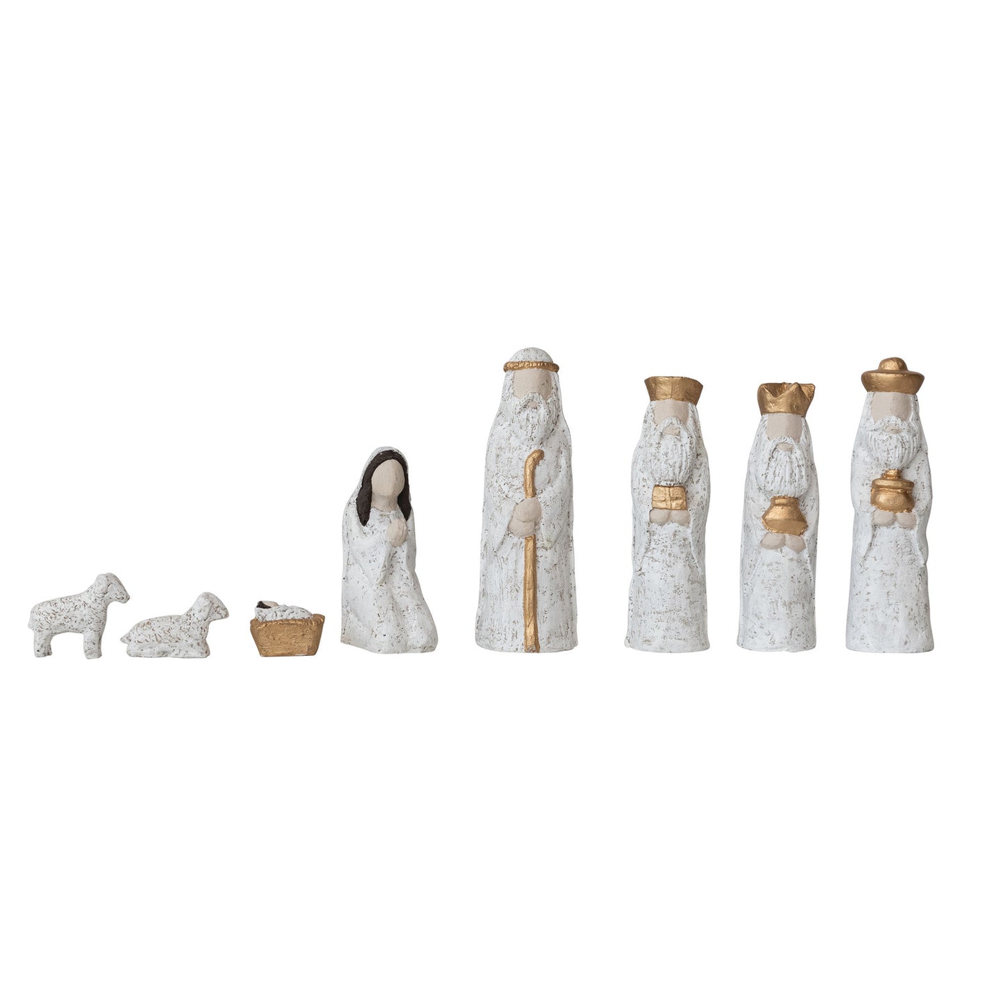 Hand-Painted Resin Nativity White & Gold Finish, Set of 8