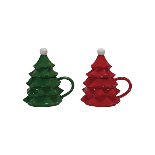 12 oz. Ceramic Christmas Tree Shaped Mug with Lid, 2 Colors