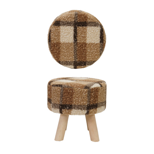 Faux Sherpa Fabric Upholstered Stool with Pine Wood Feet Plaid