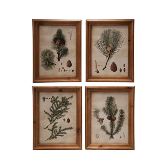 Wood Framed Glass Wall Décor with Pine Bough Print, 4 Styles
