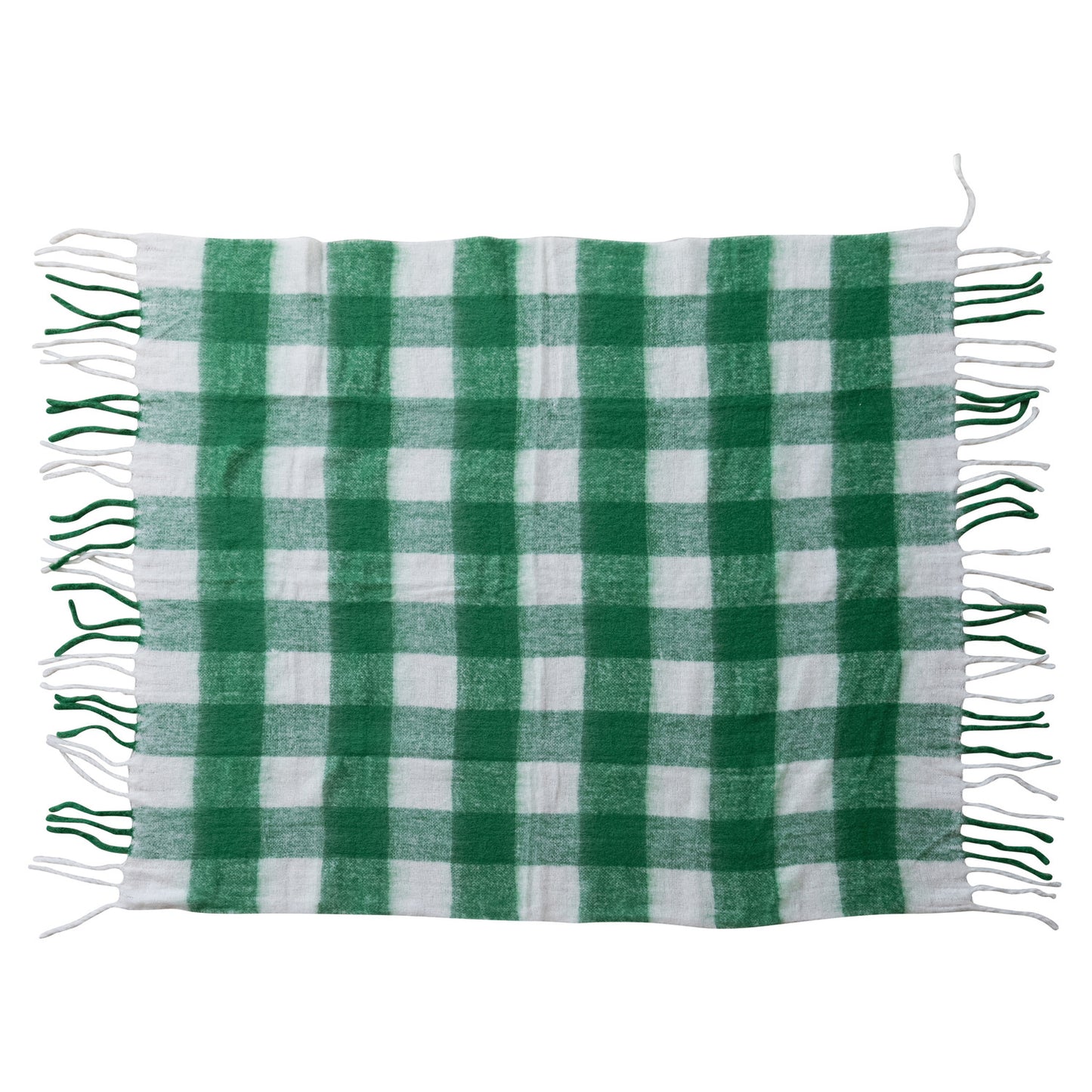 60"L x 50"W Woven Acrylic Throw with Fringe, Green & White Plaid