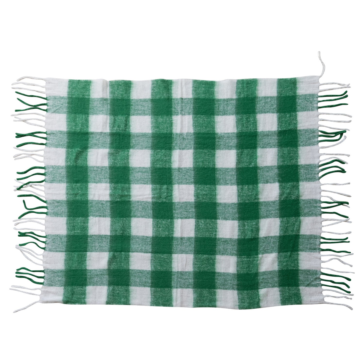 60"L x 50"W Woven Acrylic Throw with Fringe, Green & White Plaid