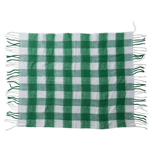 60"L x 50"W Woven Acrylic Throw with Fringe, Green & White Plaid