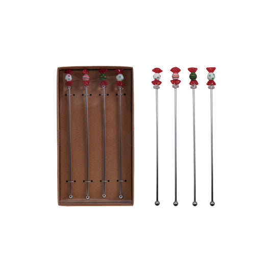Cocktail Stirrers with Hand-Blown Glass Candies, Boxed Set of 4