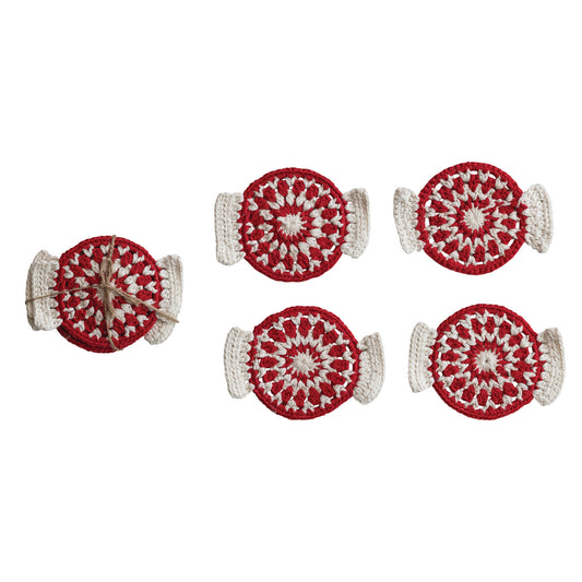 Crocheted Candy Shaped Coasters, Red & Natural, Set of 4 Tied with Jute