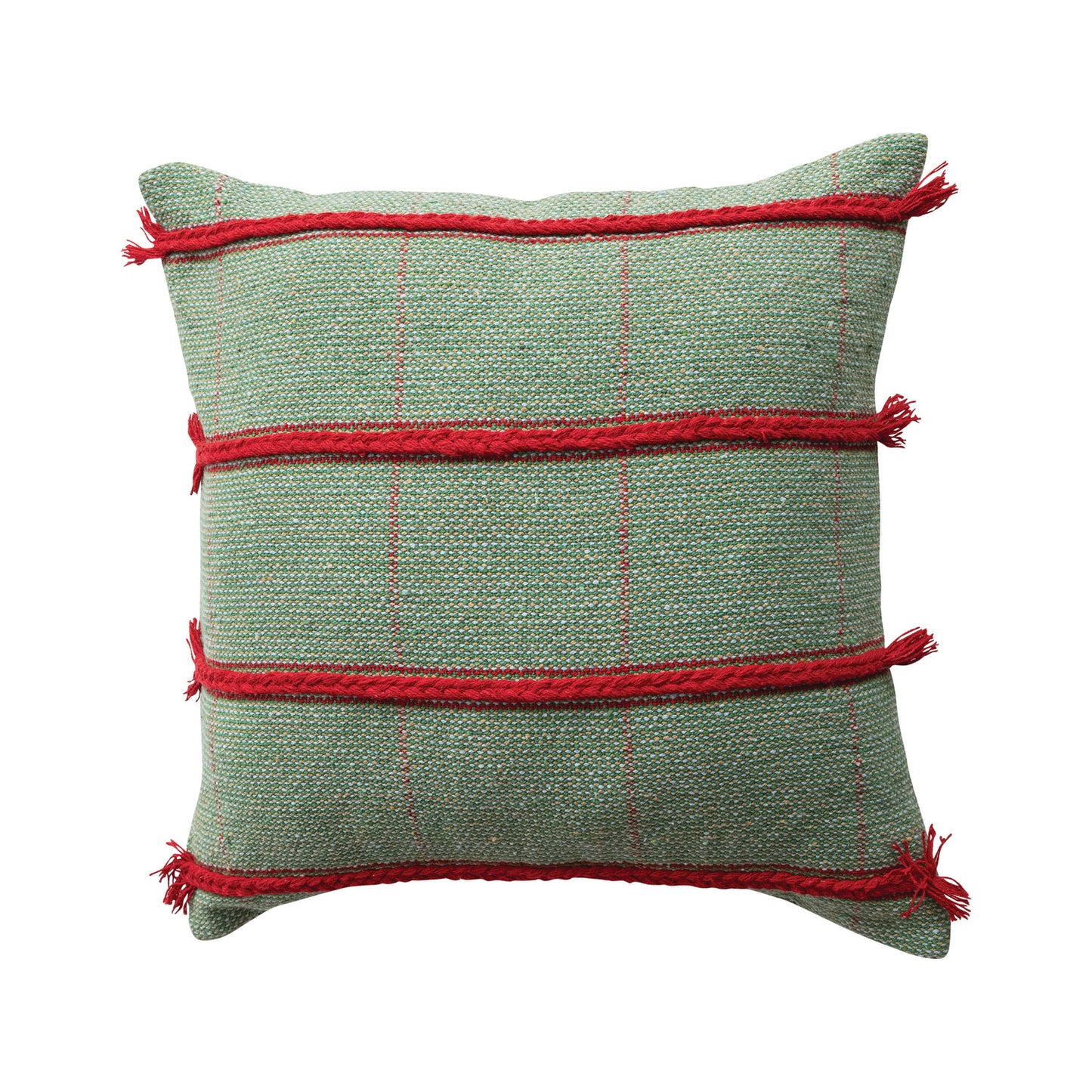 20" Square Pillow with Braided Embroidery, Grid Pattern & Fringe