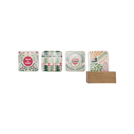 Resin Coasters with Seasonal Patterns in Wood Box, Set of 5