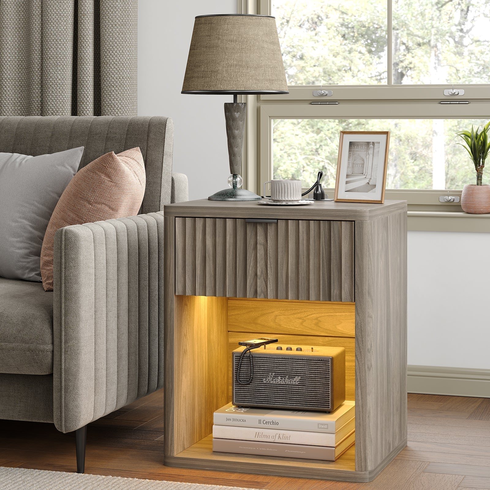 Fluted LED Nightstand with Charging Station, Drawer Side Tables, Oak - Vektaya