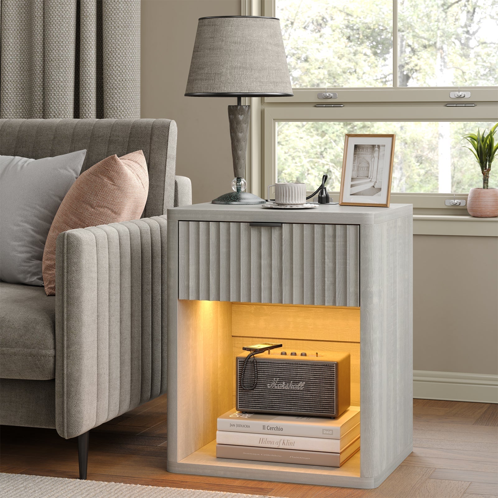 Fluted LED Nightstand with Charging Station, Drawer Side Tables, Oak - Vektaya