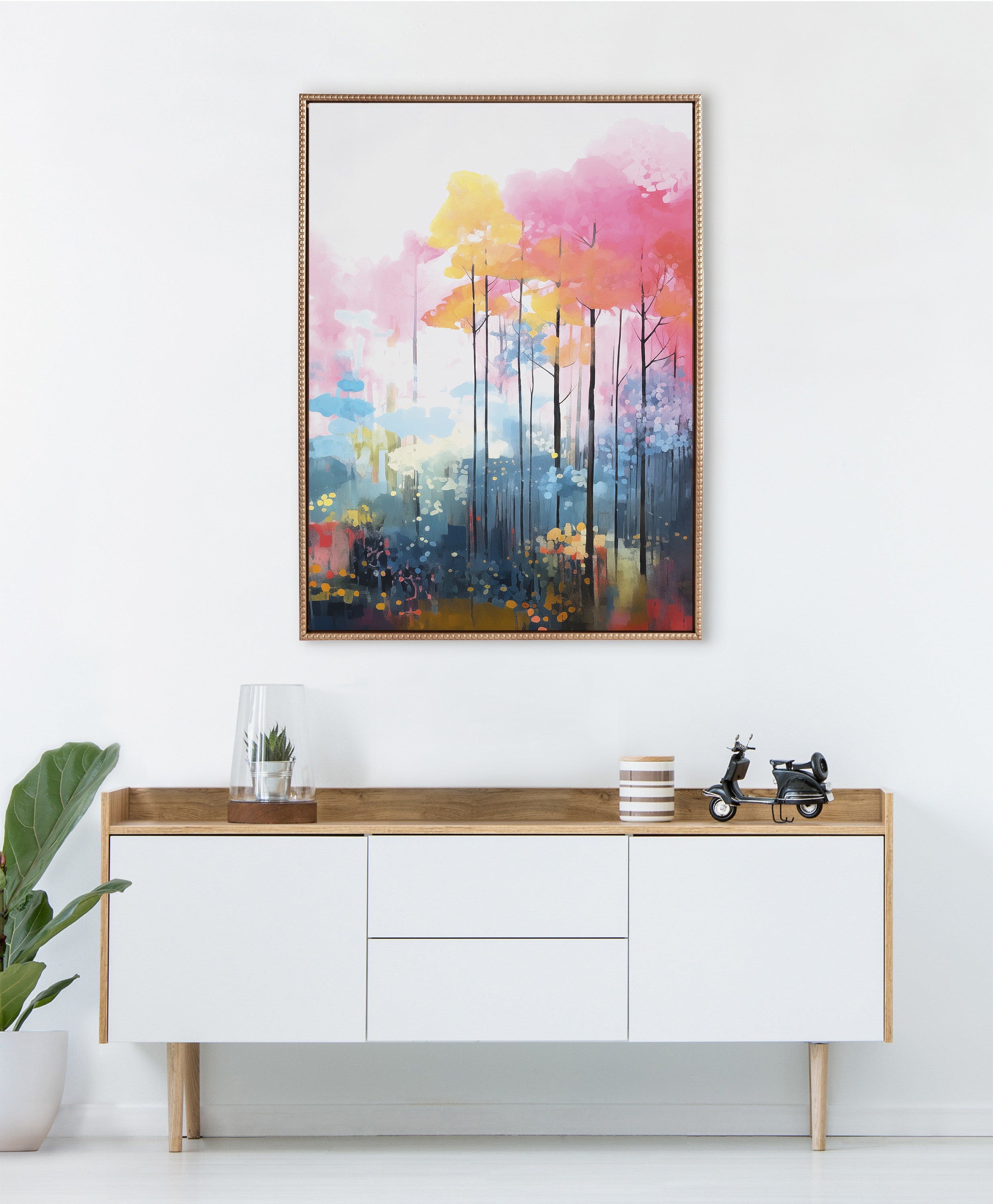 Sylvie Beaded Colorful Forest Landscape Framed Canvas by The Creative Bunch Studio